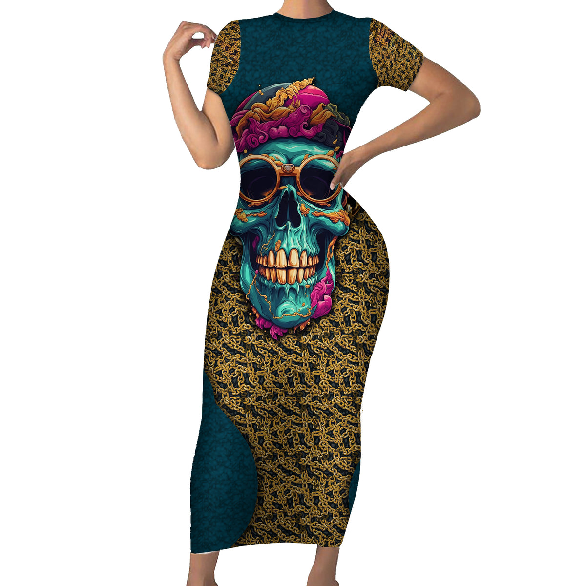 Skull Gang Short Sleeve Bodycon Dress Sic Transit Gloria Mundi - Wonder Print Shop