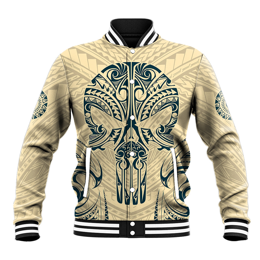 Polynesian Baseball Jacket Warrior Skull with Tribal Patterns Tattoo Design - Wonder Print Shop