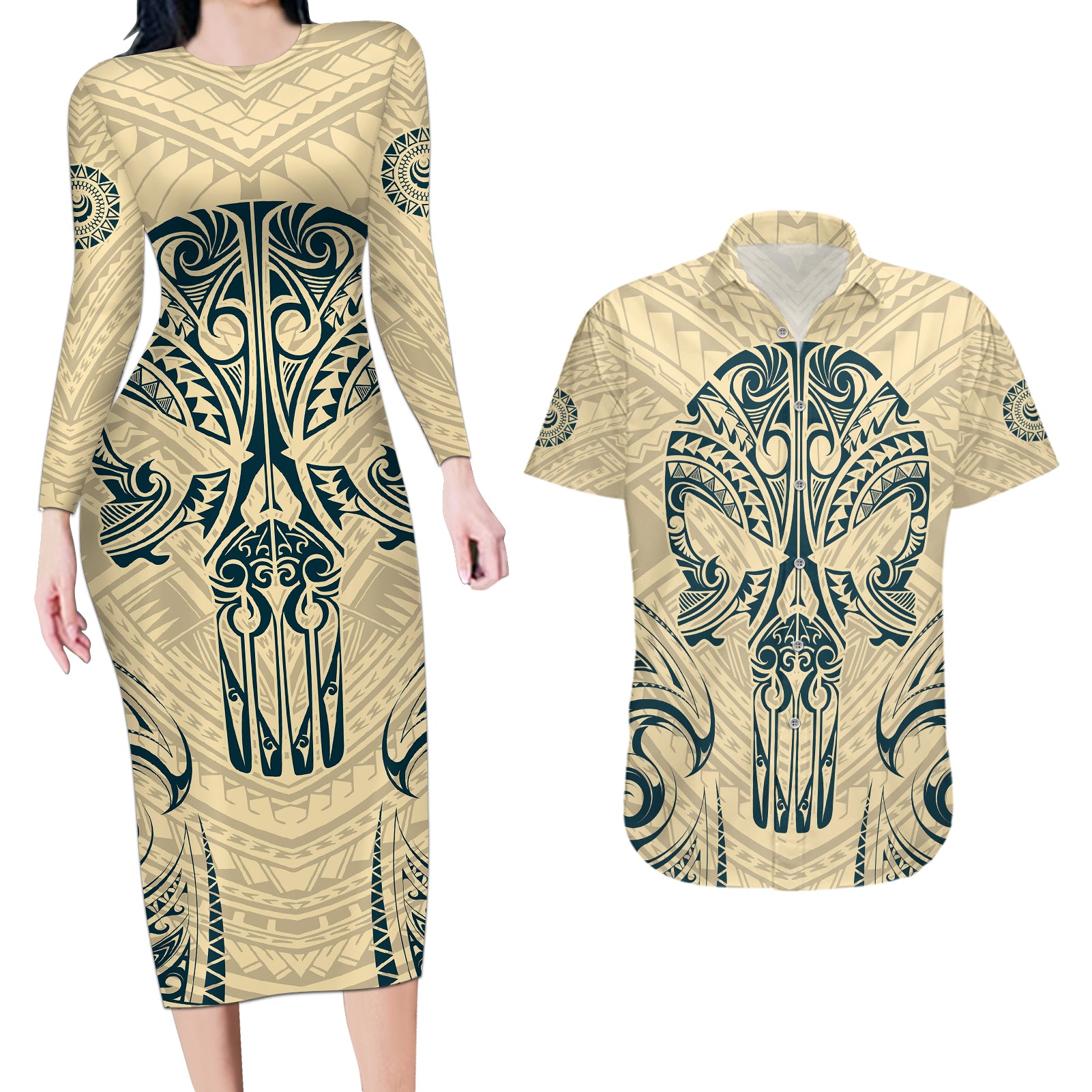 Polynesian Couples Matching Long Sleeve Bodycon Dress and Hawaiian Shirt Warrior Skull with Tribal Patterns Tattoo Design - Wonder Print Shop