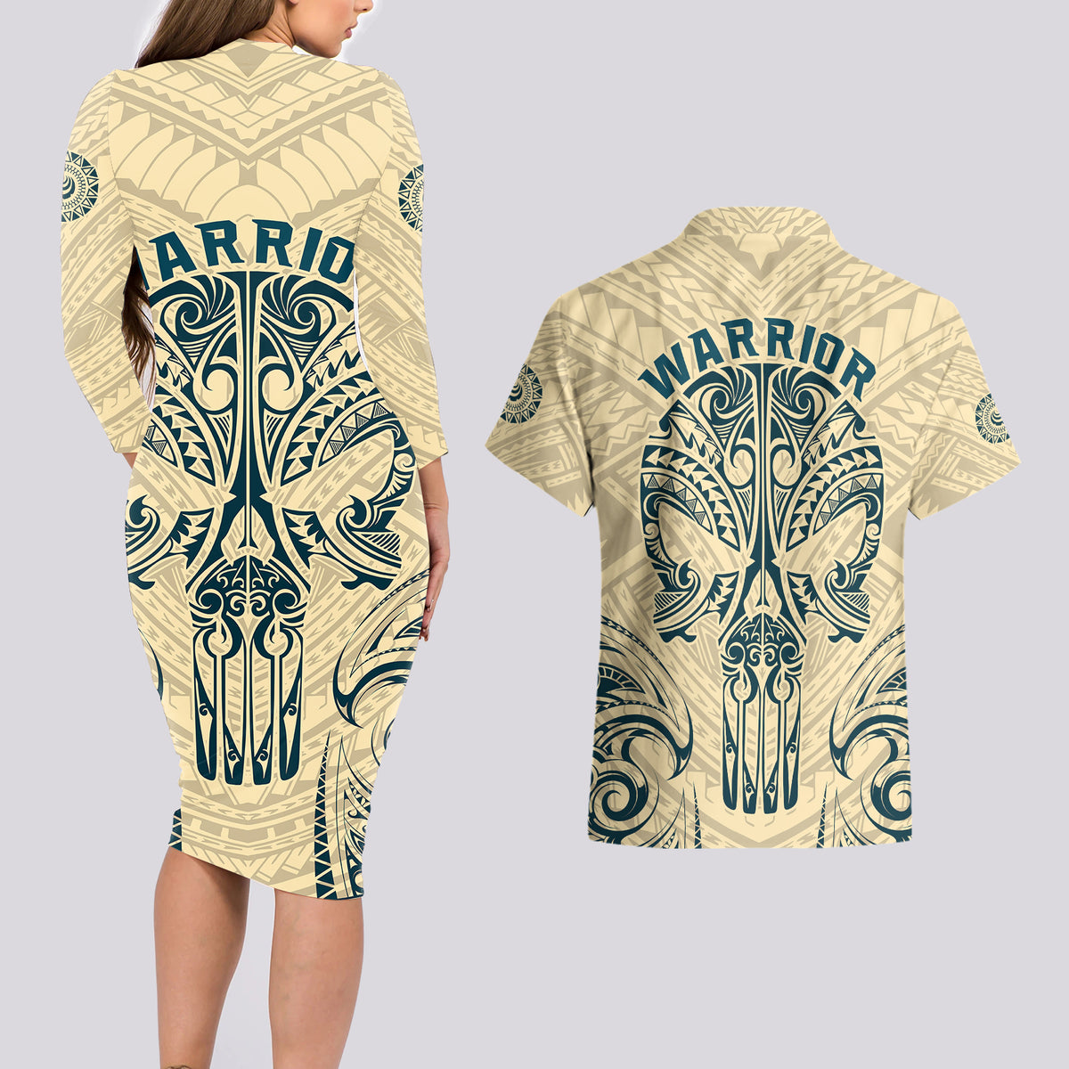Polynesian Couples Matching Long Sleeve Bodycon Dress and Hawaiian Shirt Warrior Skull with Tribal Patterns Tattoo Design - Wonder Print Shop
