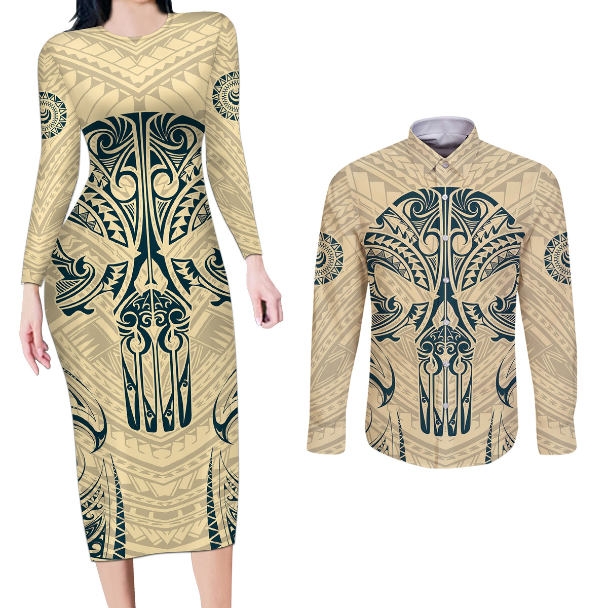 Polynesian Couples Matching Long Sleeve Bodycon Dress and Long Sleeve Button Shirts Warrior Skull with Tribal Patterns Tattoo Design - Wonder Print Shop
