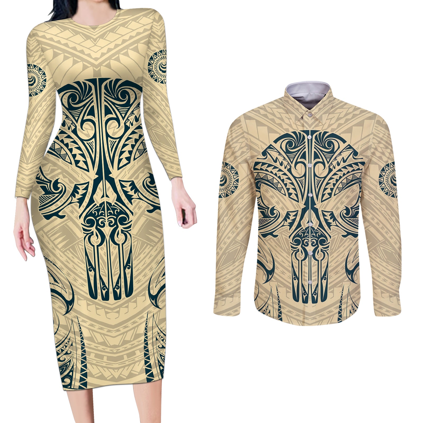 Polynesian Couples Matching Long Sleeve Bodycon Dress and Long Sleeve Button Shirts Warrior Skull with Tribal Patterns Tattoo Design - Wonder Print Shop