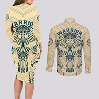 Polynesian Couples Matching Long Sleeve Bodycon Dress and Long Sleeve Button Shirts Warrior Skull with Tribal Patterns Tattoo Design - Wonder Print Shop