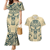 Polynesian Couples Matching Mermaid Dress and Hawaiian Shirt Warrior Skull with Tribal Patterns Tattoo Design - Wonder Print Shop