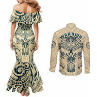 polynesian-couples-matching-mermaid-dress-and-long-sleeve-button-shirts-warrior-skull-with-tribal-patterns-tattoo-design
