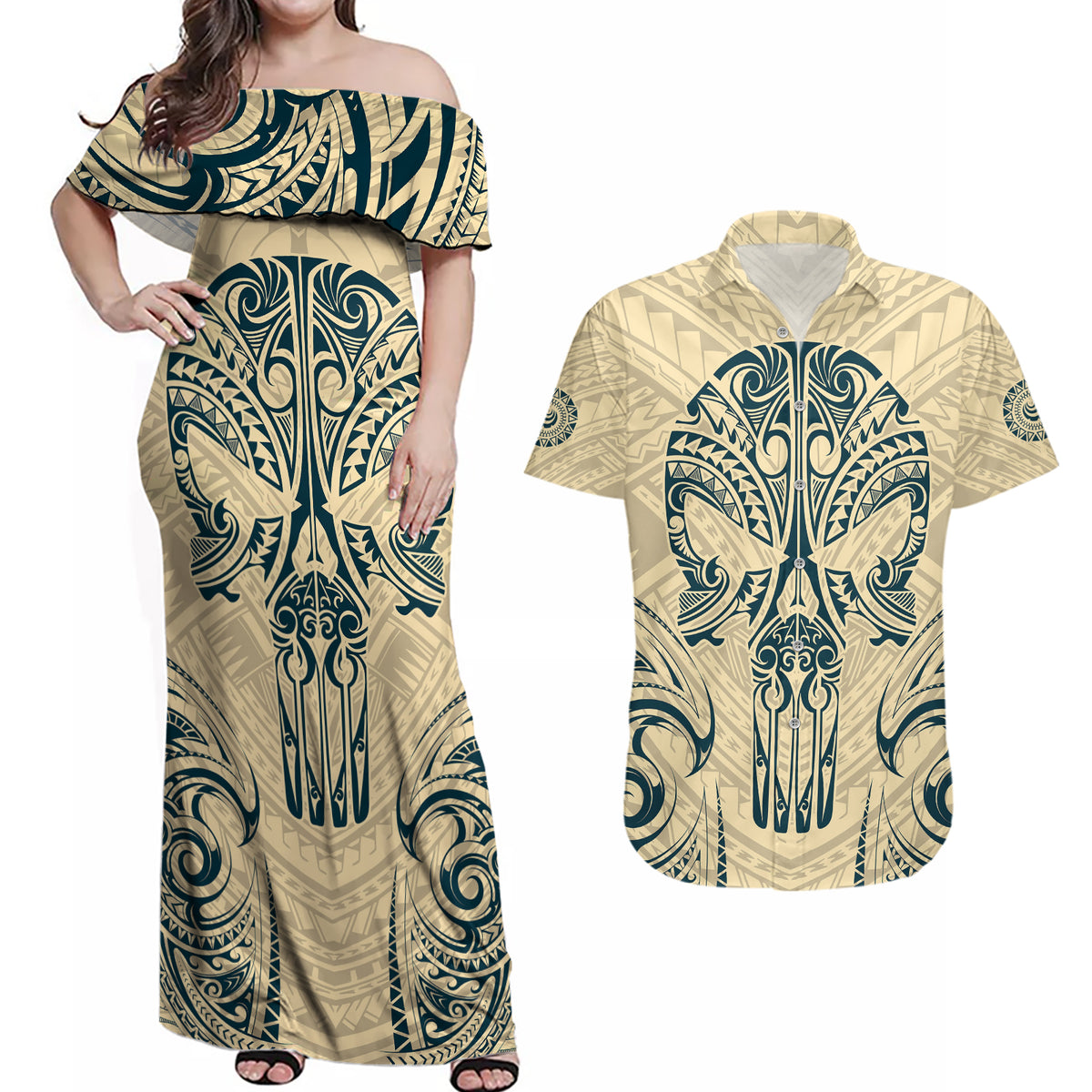 Polynesian Couples Matching Off Shoulder Maxi Dress and Hawaiian Shirt Warrior Skull with Tribal Patterns Tattoo Design - Wonder Print Shop