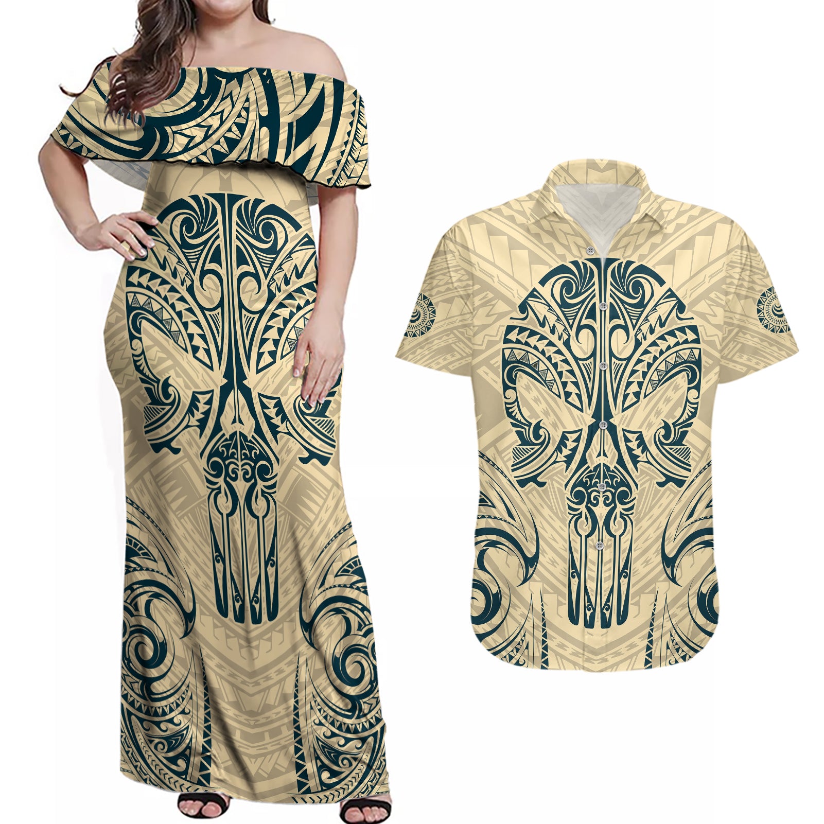 Polynesian Couples Matching Off Shoulder Maxi Dress and Hawaiian Shirt Warrior Skull with Tribal Patterns Tattoo Design - Wonder Print Shop