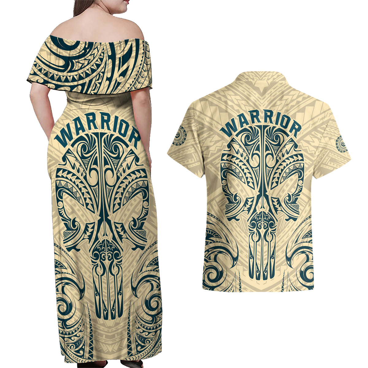 Polynesian Couples Matching Off Shoulder Maxi Dress and Hawaiian Shirt Warrior Skull with Tribal Patterns Tattoo Design - Wonder Print Shop