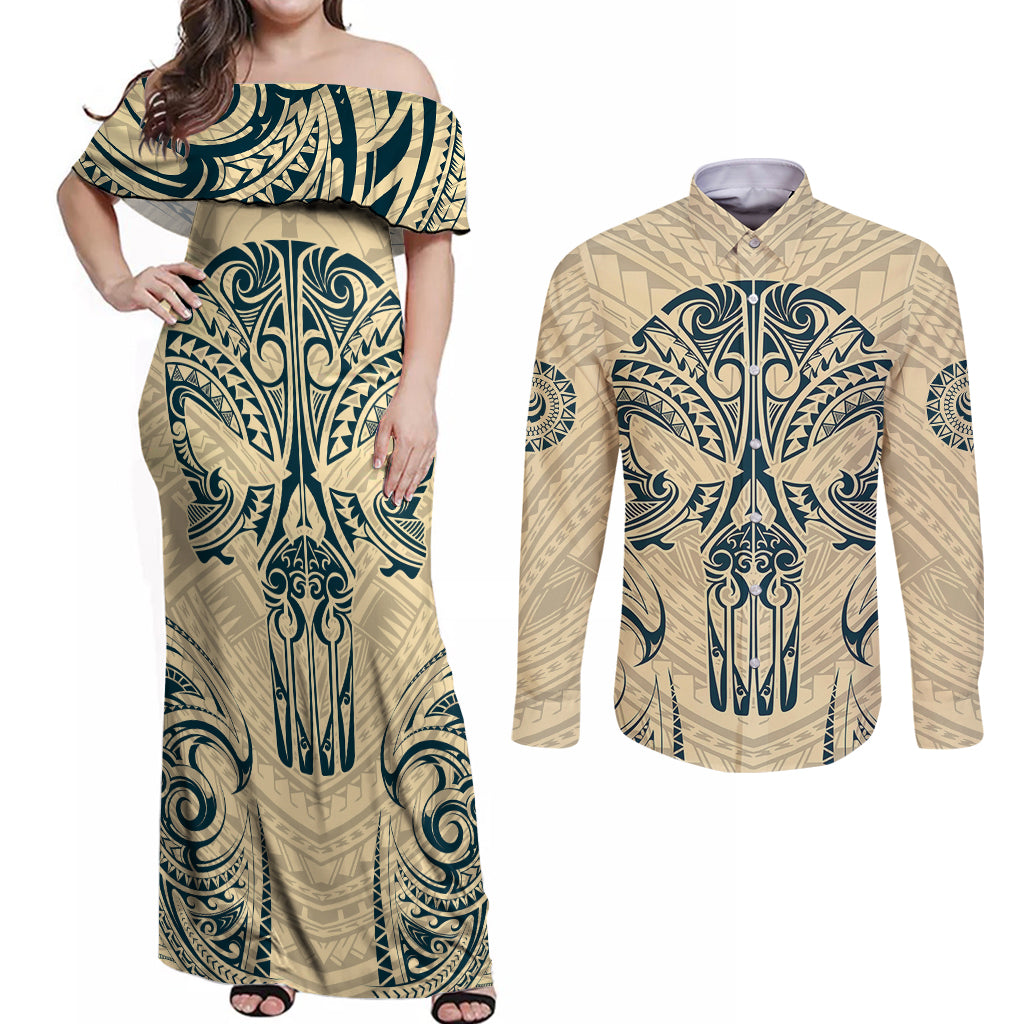 Polynesian Couples Matching Off Shoulder Maxi Dress and Long Sleeve Button Shirts Warrior Skull with Tribal Patterns Tattoo Design - Wonder Print Shop