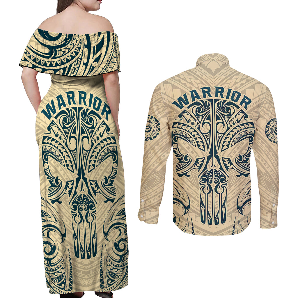 Polynesian Couples Matching Off Shoulder Maxi Dress and Long Sleeve Button Shirts Warrior Skull with Tribal Patterns Tattoo Design - Wonder Print Shop