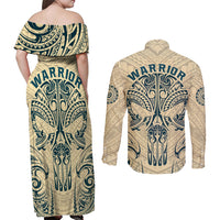 Polynesian Couples Matching Off Shoulder Maxi Dress and Long Sleeve Button Shirts Warrior Skull with Tribal Patterns Tattoo Design - Wonder Print Shop
