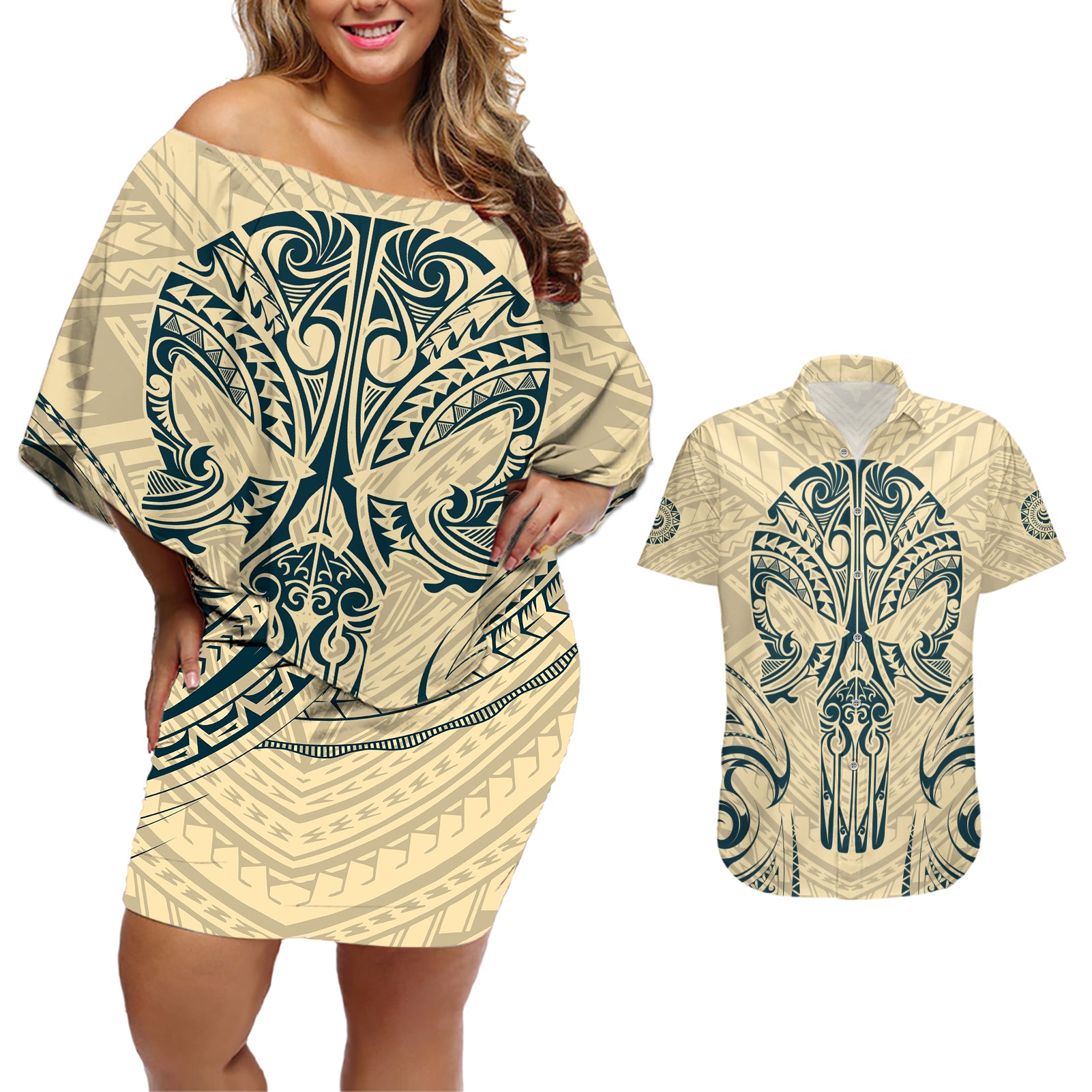 Polynesian Couples Matching Off Shoulder Short Dress and Hawaiian Shirt Warrior Skull with Tribal Patterns Tattoo Design - Wonder Print Shop