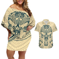 Polynesian Couples Matching Off Shoulder Short Dress and Hawaiian Shirt Warrior Skull with Tribal Patterns Tattoo Design - Wonder Print Shop