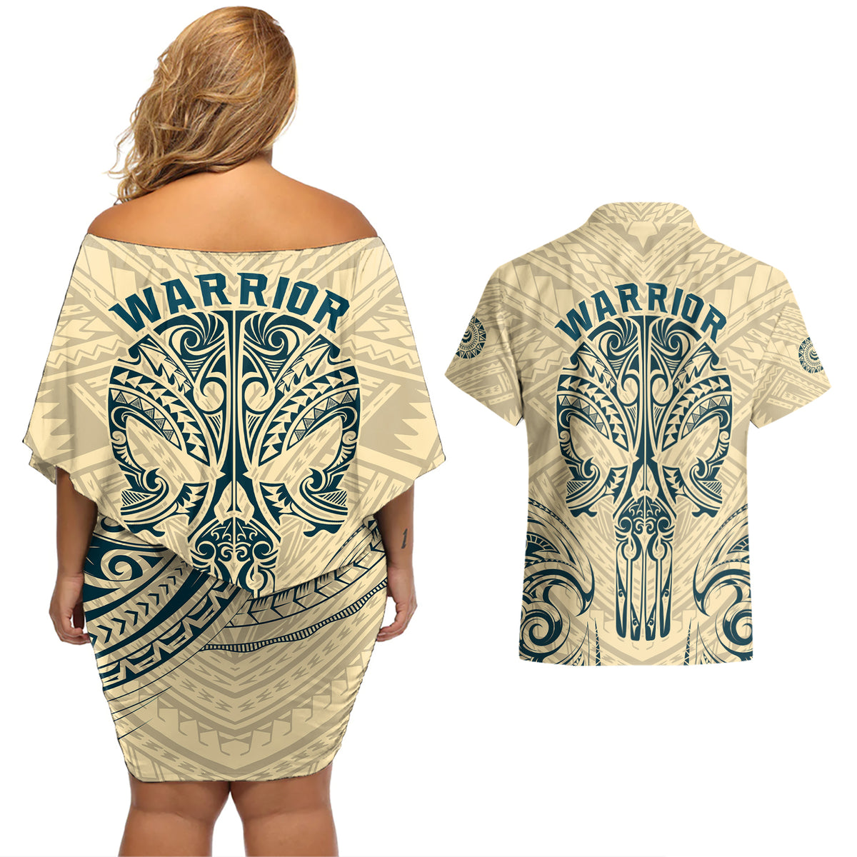 Polynesian Couples Matching Off Shoulder Short Dress and Hawaiian Shirt Warrior Skull with Tribal Patterns Tattoo Design - Wonder Print Shop