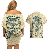 Polynesian Couples Matching Off Shoulder Short Dress and Hawaiian Shirt Warrior Skull with Tribal Patterns Tattoo Design - Wonder Print Shop