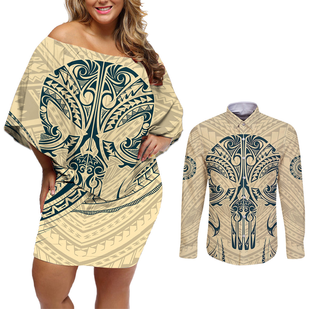 Polynesian Couples Matching Off Shoulder Short Dress and Long Sleeve Button Shirts Warrior Skull with Tribal Patterns Tattoo Design - Wonder Print Shop