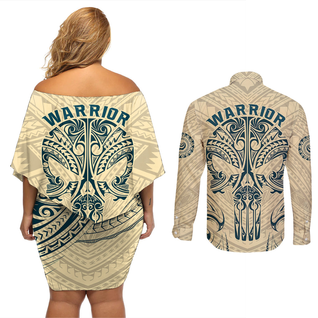 Polynesian Couples Matching Off Shoulder Short Dress and Long Sleeve Button Shirts Warrior Skull with Tribal Patterns Tattoo Design - Wonder Print Shop
