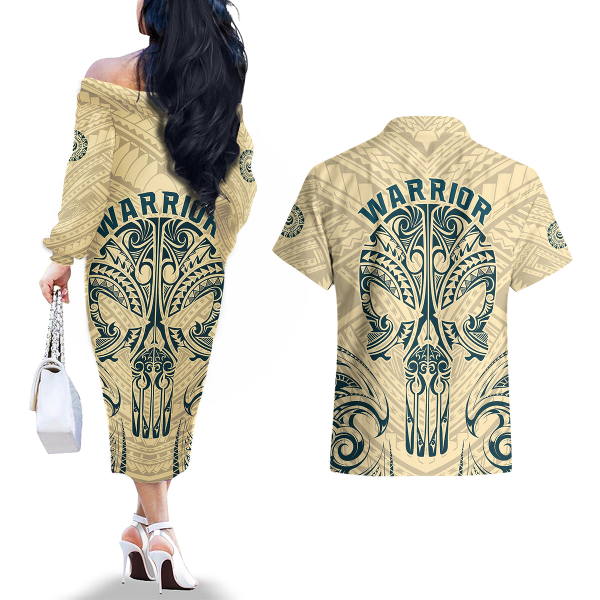 Polynesian Couples Matching Off The Shoulder Long Sleeve Dress and Hawaiian Shirt Warrior Skull with Tribal Patterns Tattoo Design - Wonder Print Shop