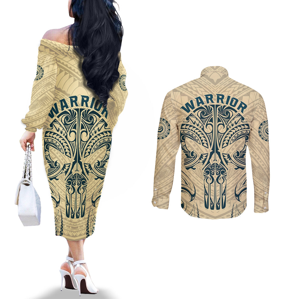 polynesian-couples-matching-off-the-shoulder-long-sleeve-dress-and-long-sleeve-button-shirts-warrior-skull-with-tribal-patterns-tattoo-design