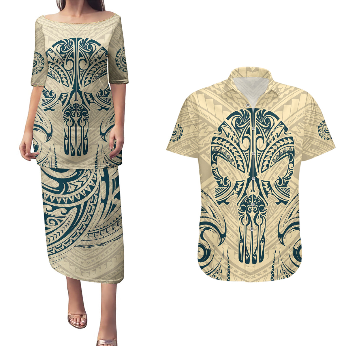 Polynesian Couples Matching Puletasi Dress and Hawaiian Shirt Warrior Skull with Tribal Patterns Tattoo Design - Wonder Print Shop