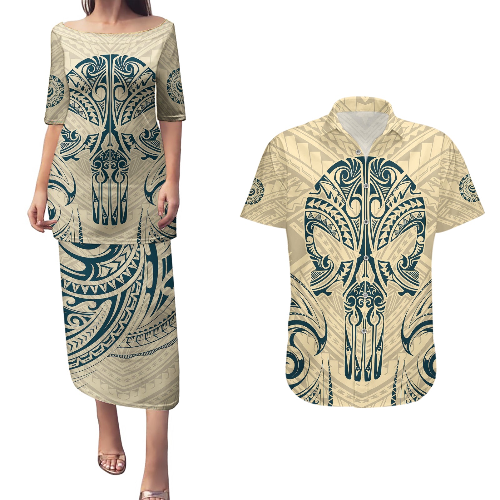 Polynesian Couples Matching Puletasi Dress and Hawaiian Shirt Warrior Skull with Tribal Patterns Tattoo Design - Wonder Print Shop