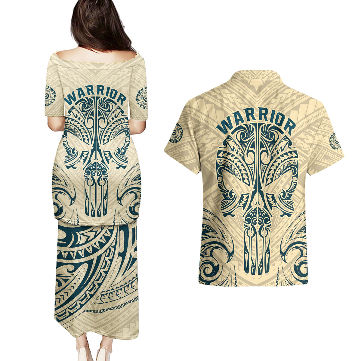 Polynesian Couples Matching Puletasi Dress and Hawaiian Shirt Warrior Skull with Tribal Patterns Tattoo Design - Wonder Print Shop