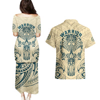 Polynesian Couples Matching Puletasi Dress and Hawaiian Shirt Warrior Skull with Tribal Patterns Tattoo Design - Wonder Print Shop