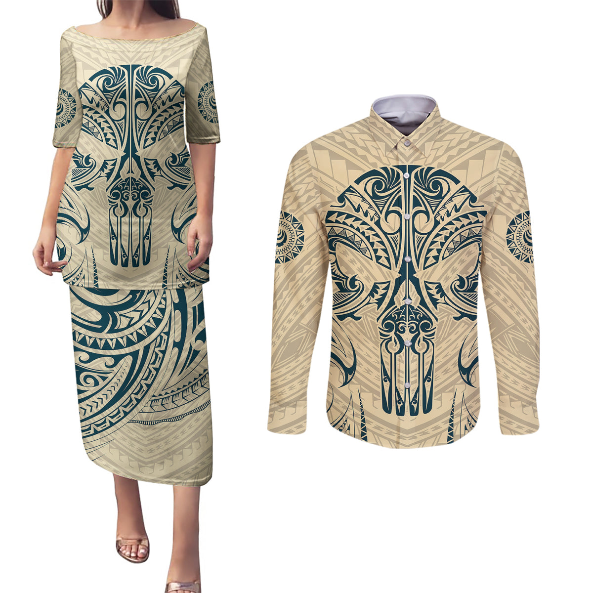 Polynesian Couples Matching Puletasi Dress and Long Sleeve Button Shirts Warrior Skull with Tribal Patterns Tattoo Design - Wonder Print Shop