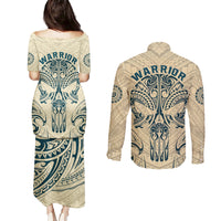 Polynesian Couples Matching Puletasi Dress and Long Sleeve Button Shirts Warrior Skull with Tribal Patterns Tattoo Design - Wonder Print Shop