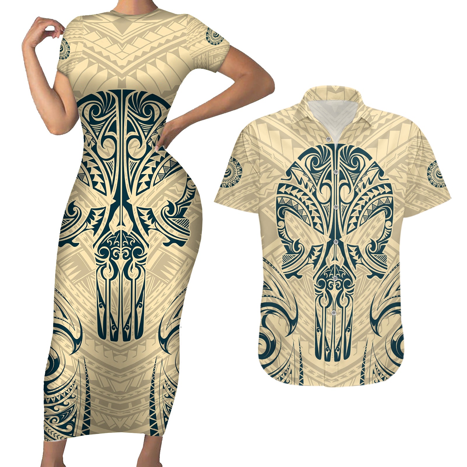 Polynesian Couples Matching Short Sleeve Bodycon Dress and Hawaiian Shirt Warrior Skull with Tribal Patterns Tattoo Design - Wonder Print Shop