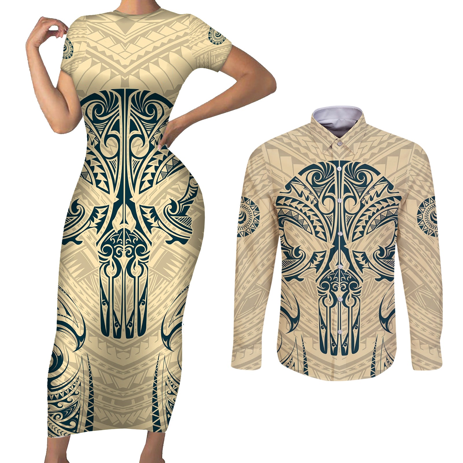 Polynesian Couples Matching Short Sleeve Bodycon Dress and Long Sleeve Button Shirts Warrior Skull with Tribal Patterns Tattoo Design - Wonder Print Shop
