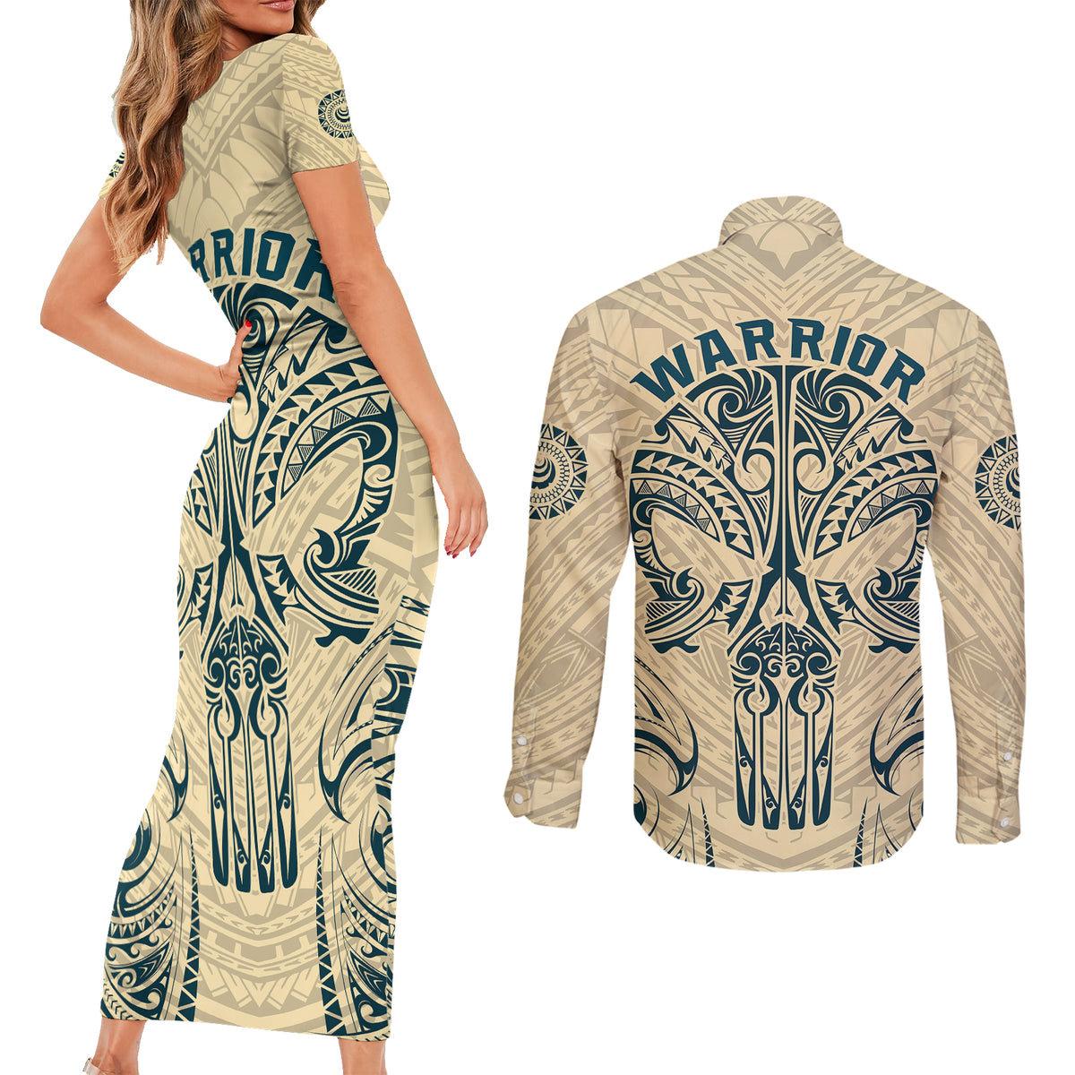 Polynesian Couples Matching Short Sleeve Bodycon Dress and Long Sleeve Button Shirts Warrior Skull with Tribal Patterns Tattoo Design - Wonder Print Shop