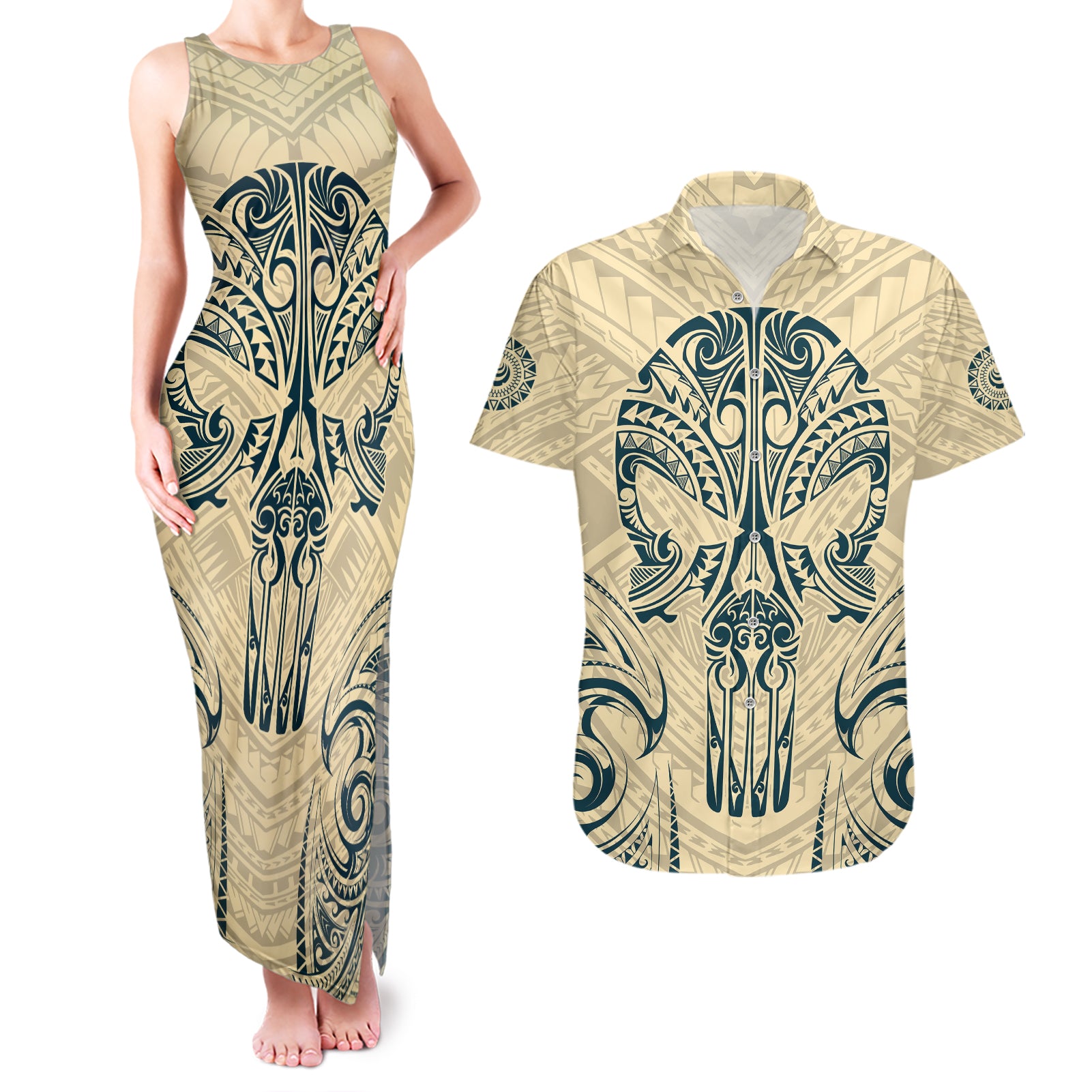 Polynesian Couples Matching Tank Maxi Dress and Hawaiian Shirt Warrior Skull with Tribal Patterns Tattoo Design - Wonder Print Shop