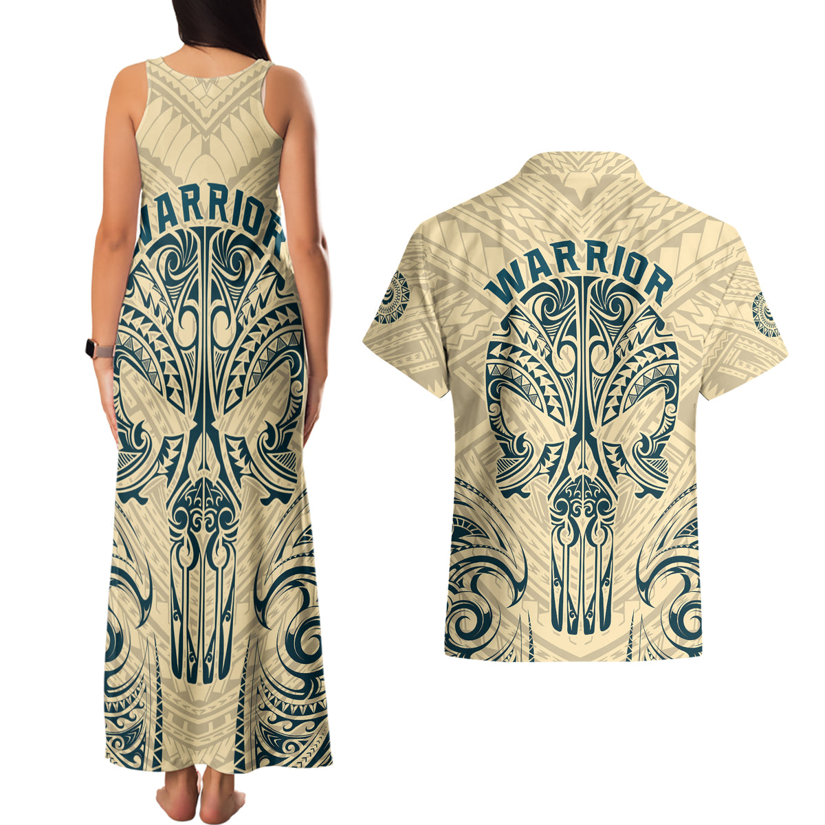 Polynesian Couples Matching Tank Maxi Dress and Hawaiian Shirt Warrior Skull with Tribal Patterns Tattoo Design - Wonder Print Shop