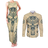 Polynesian Couples Matching Tank Maxi Dress and Long Sleeve Button Shirts Warrior Skull with Tribal Patterns Tattoo Design - Wonder Print Shop