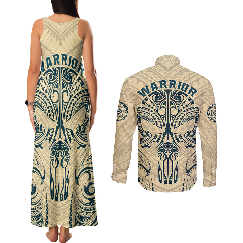 Polynesian Couples Matching Tank Maxi Dress and Long Sleeve Button Shirts Warrior Skull with Tribal Patterns Tattoo Design - Wonder Print Shop