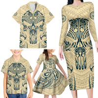 Polynesian Family Matching Long Sleeve Bodycon Dress and Hawaiian Shirt Warrior Skull with Tribal Patterns Tattoo Design - Wonder Print Shop
