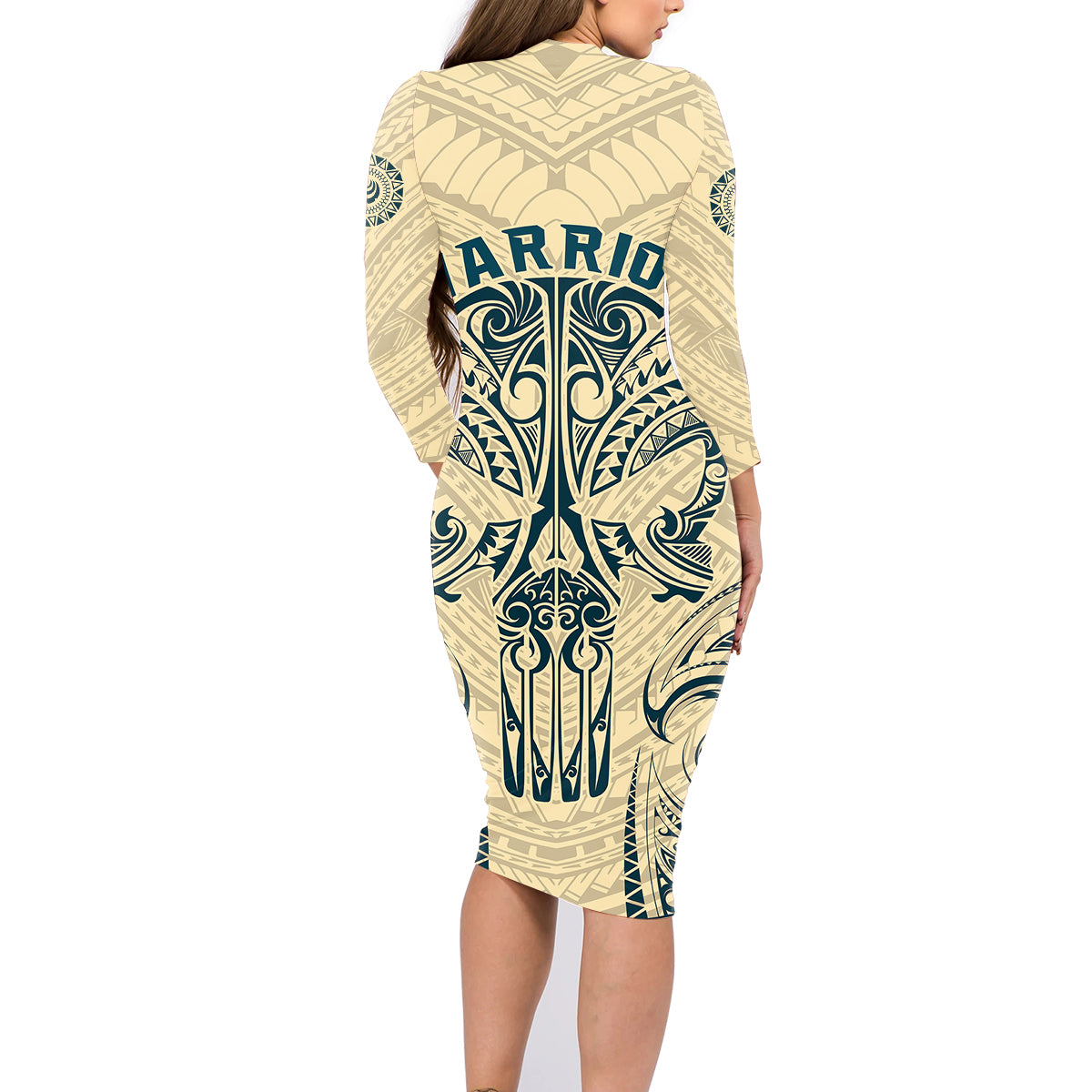 Polynesian Family Matching Long Sleeve Bodycon Dress and Hawaiian Shirt Warrior Skull with Tribal Patterns Tattoo Design - Wonder Print Shop