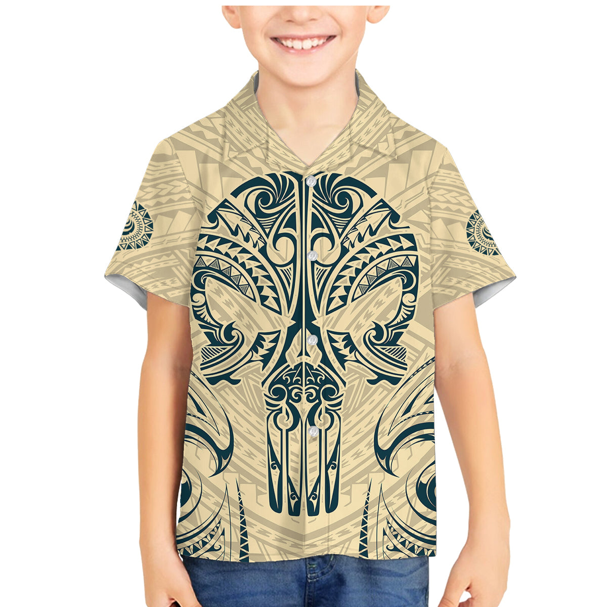Polynesian Family Matching Mermaid Dress and Hawaiian Shirt Warrior Skull with Tribal Patterns Tattoo Design - Wonder Print Shop