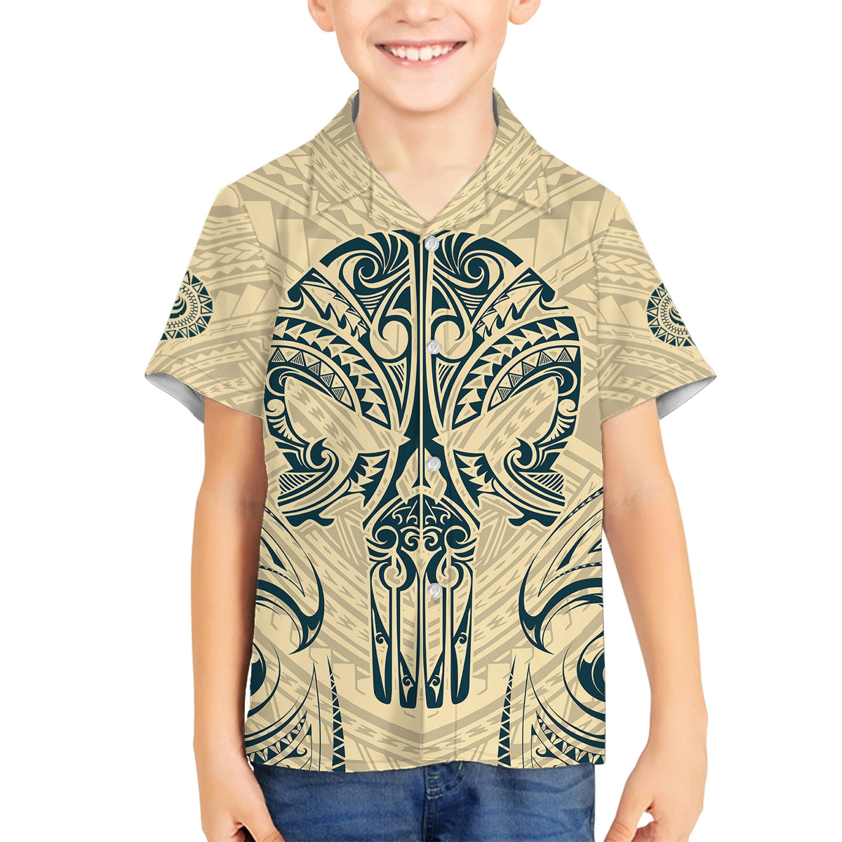 Polynesian Family Matching Off Shoulder Maxi Dress and Hawaiian Shirt Warrior Skull with Tribal Patterns Tattoo Design - Wonder Print Shop