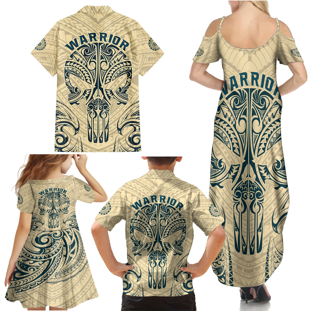 Polynesian Family Matching Summer Maxi Dress and Hawaiian Shirt Warrior Skull with Tribal Patterns Tattoo Design - Wonder Print Shop