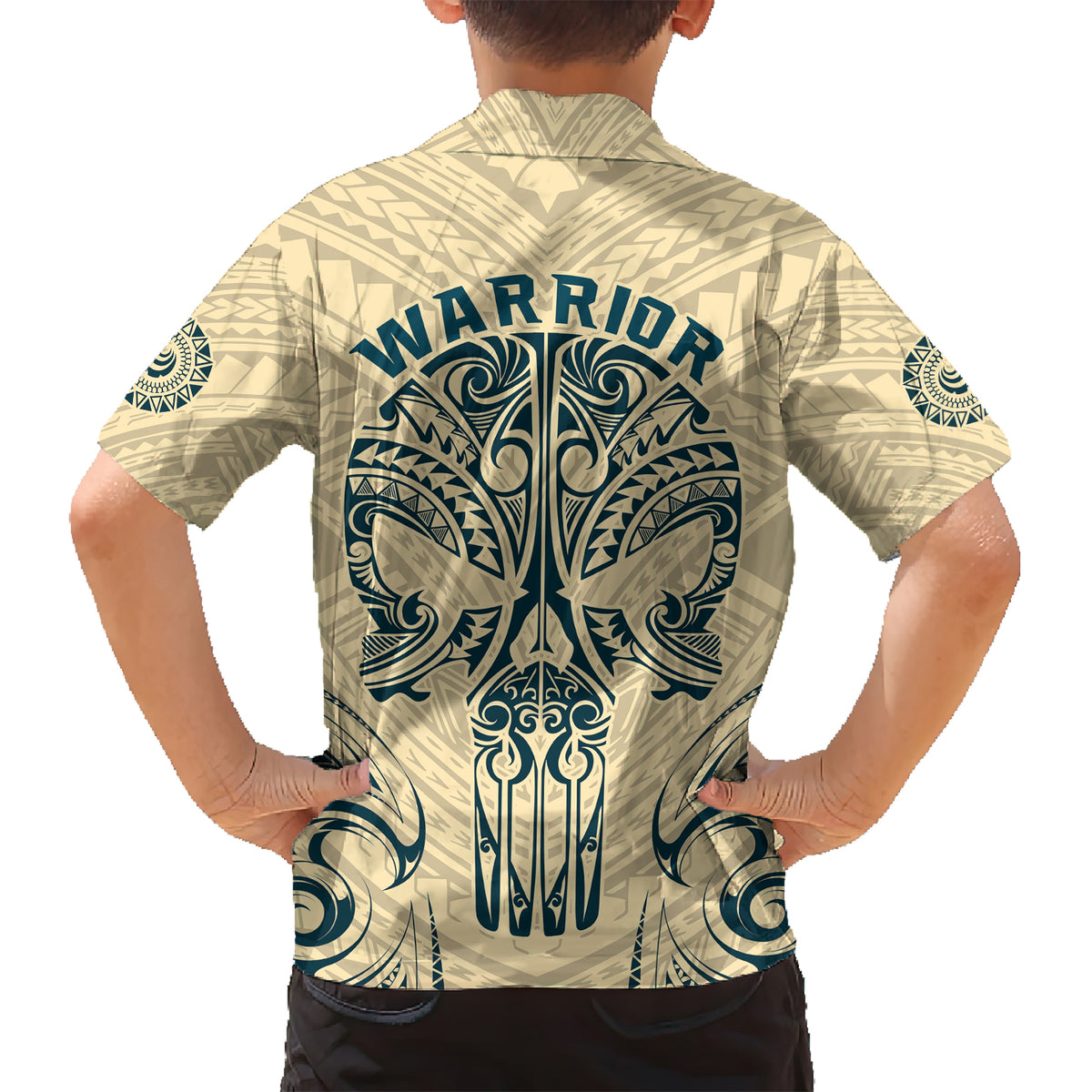 Polynesian Kid Hawaiian Shirt Warrior Skull with Tribal Patterns Tattoo Design - Wonder Print Shop