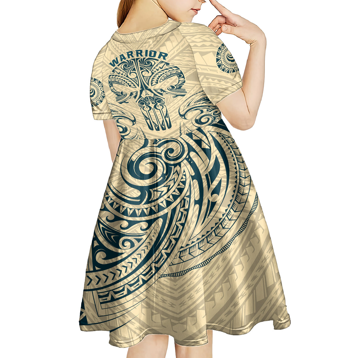 Polynesian Kid Short Sleeve Dress Warrior Skull with Tribal Patterns Tattoo Design - Wonder Print Shop