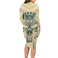 Polynesian Long Sleeve Bodycon Dress Warrior Skull with Tribal Patterns Tattoo Design - Wonder Print Shop