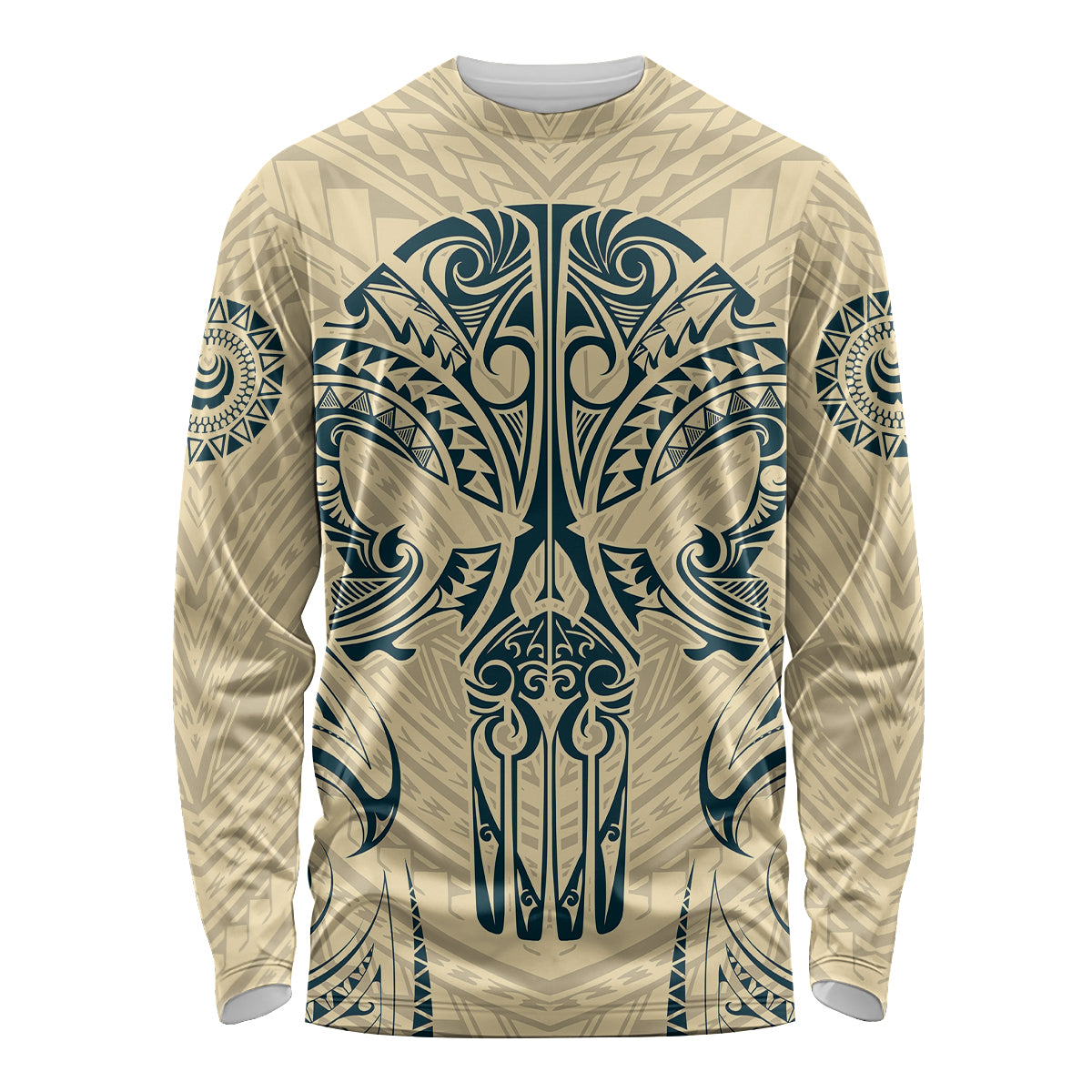 Polynesian Long Sleeve Shirt Warrior Skull with Tribal Patterns Tattoo Design - Wonder Print Shop