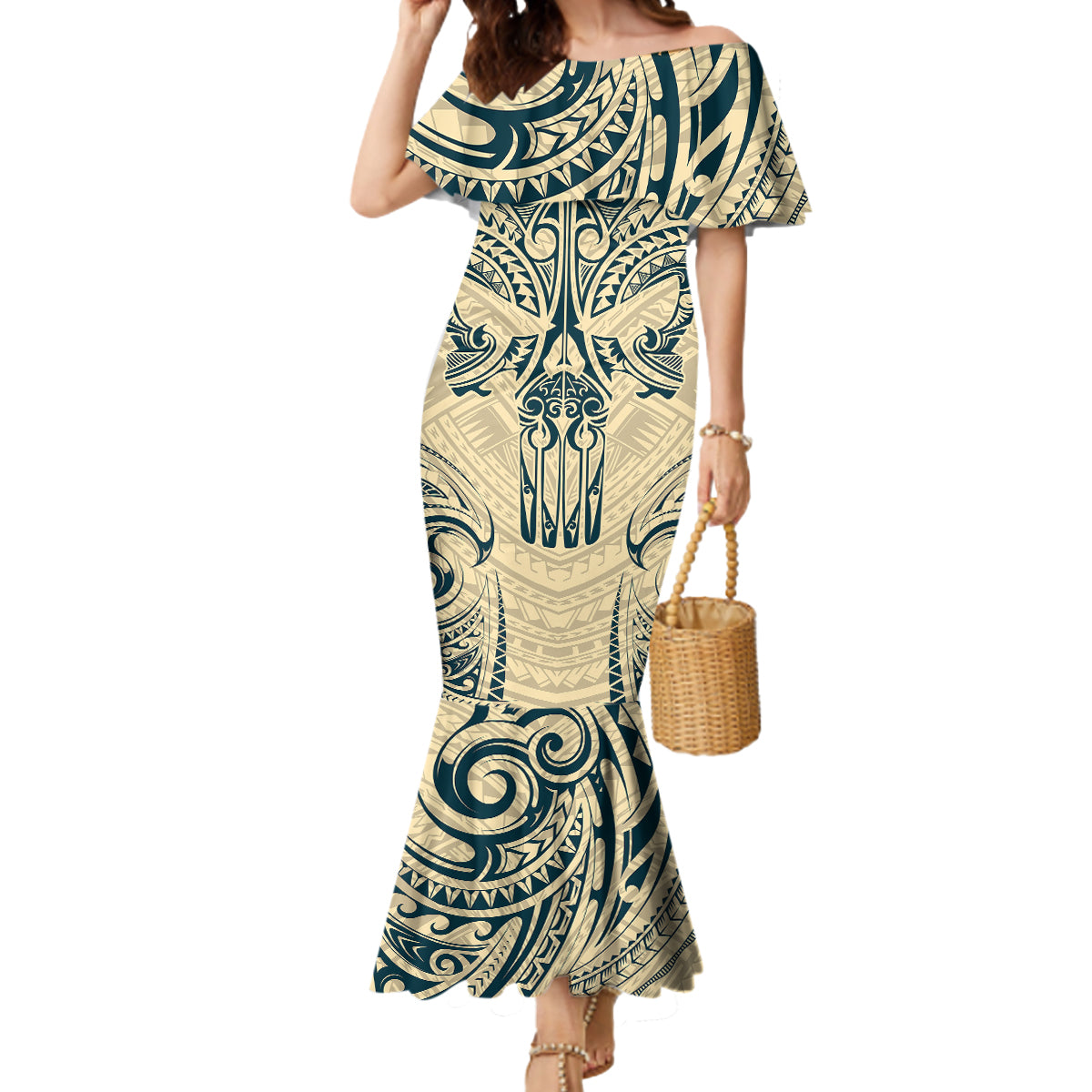Polynesian Mermaid Dress Warrior Skull with Tribal Patterns Tattoo Design - Wonder Print Shop