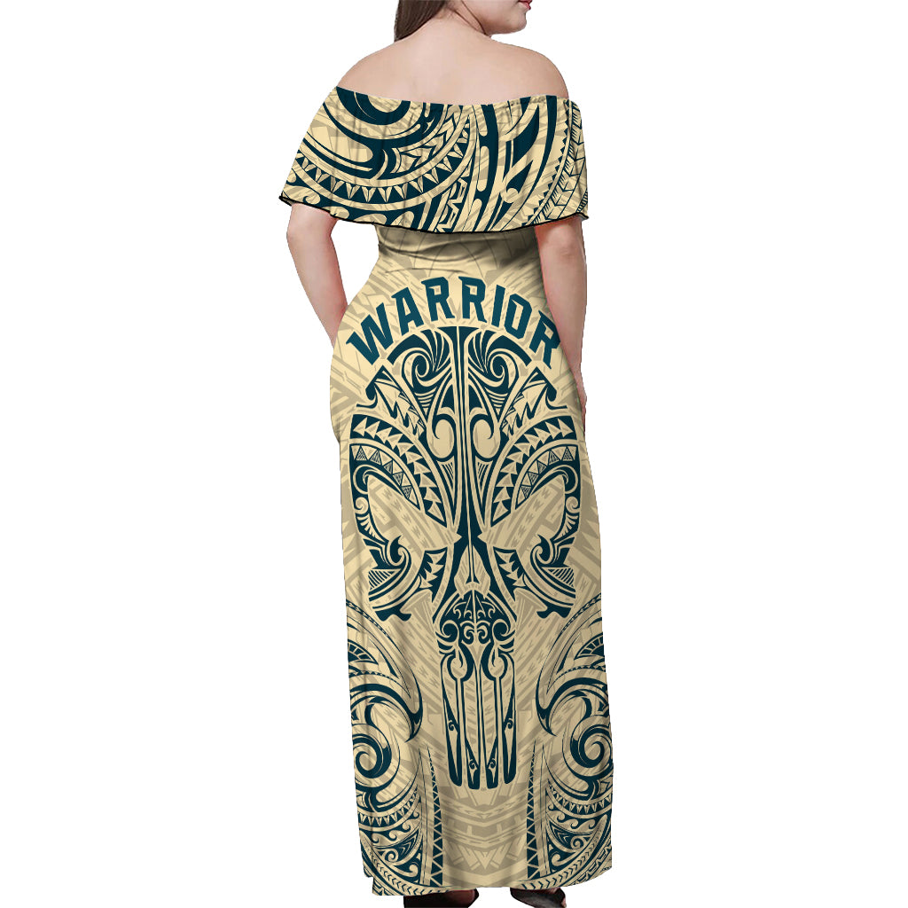 Polynesian Off Shoulder Maxi Dress Warrior Skull with Tribal Patterns Tattoo Design - Wonder Print Shop