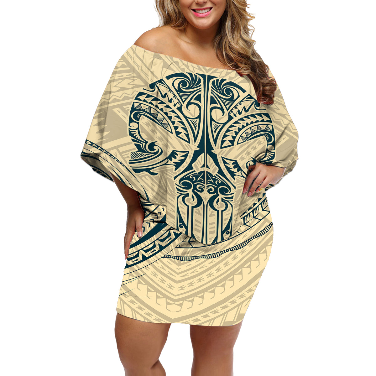 Polynesian Off Shoulder Short Dress Warrior Skull with Tribal Patterns Tattoo Design - Wonder Print Shop