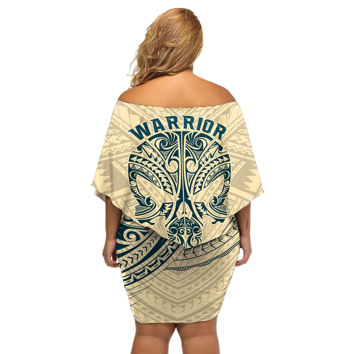 Polynesian Off Shoulder Short Dress Warrior Skull with Tribal Patterns Tattoo Design - Wonder Print Shop