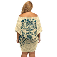 Polynesian Off Shoulder Short Dress Warrior Skull with Tribal Patterns Tattoo Design - Wonder Print Shop